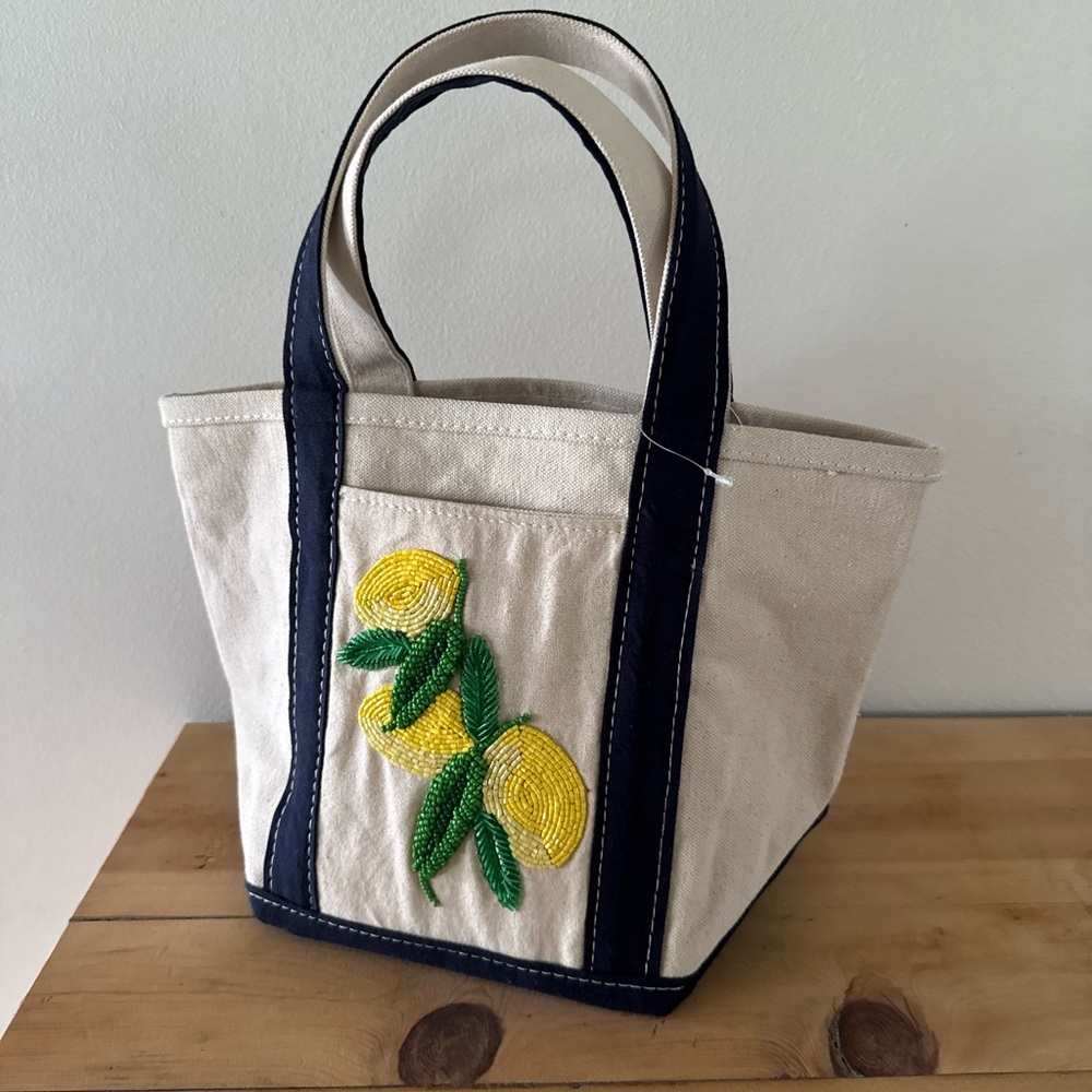 Anthropologie Cream Canvas Tote beaded lemon design